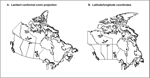 Figure 33 Example of a map projection and unprojected coordinates