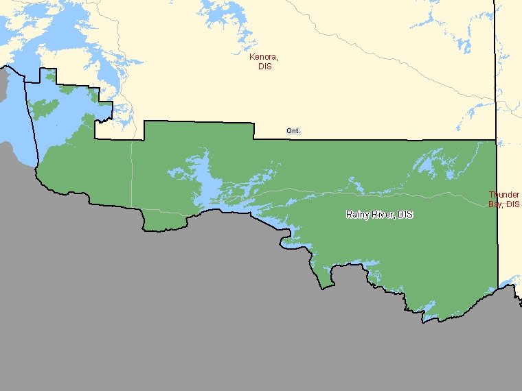 Carte : Rainy River, District, Division de recensement (ombrée en vert), Ontario