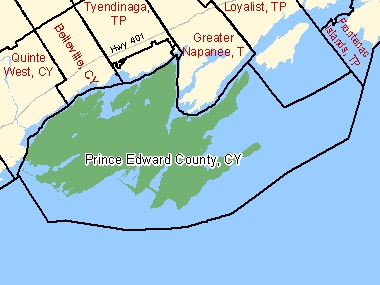 Map of Prince Edward County, CY (shaded in green), Ontario