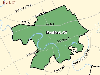 Map of Brantford, CY (shaded in green), Ontario