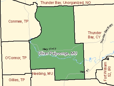 Map of Oliver Paipoonge, MU (shaded in green), Ontario