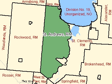 Map of St. Andrews, RM (shaded in green), Manitoba