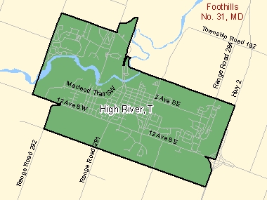 Map of High River, T (shaded in green), Alberta