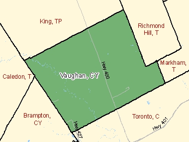 Carte : Vaughan, CY (ombrée en vert), Ontario