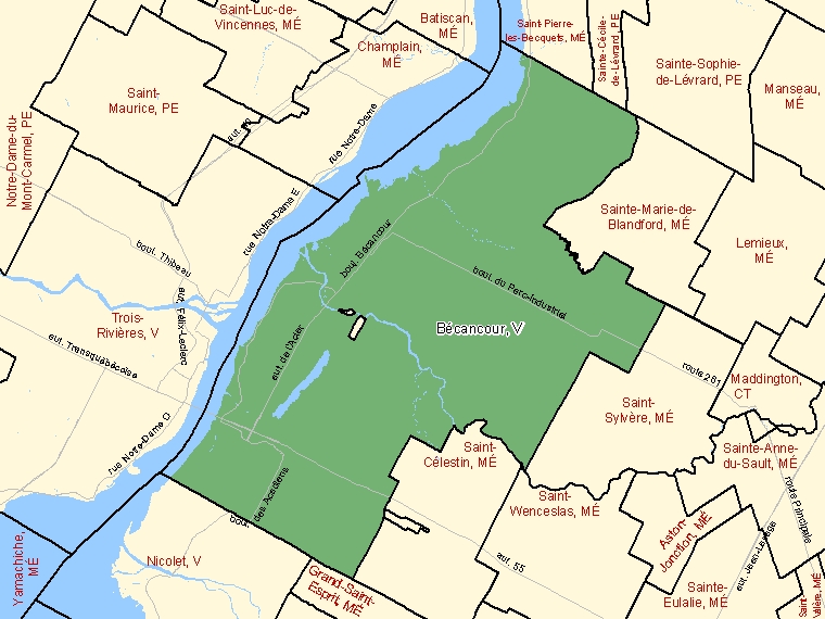 Carte : Bécancour, Ville, Subdivision de recensement (ombrée en vert), Québec