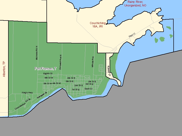 Carte : Fort Frances, Town, Subdivision de recensement (ombrée en vert), Ontario